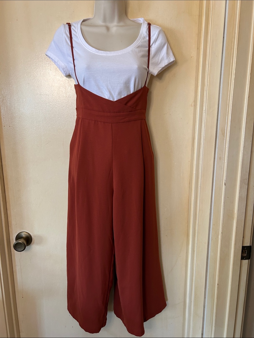 Style Rack Rust Spaghetti-Strap Wide Leg Jumpsuit with White Tee size S